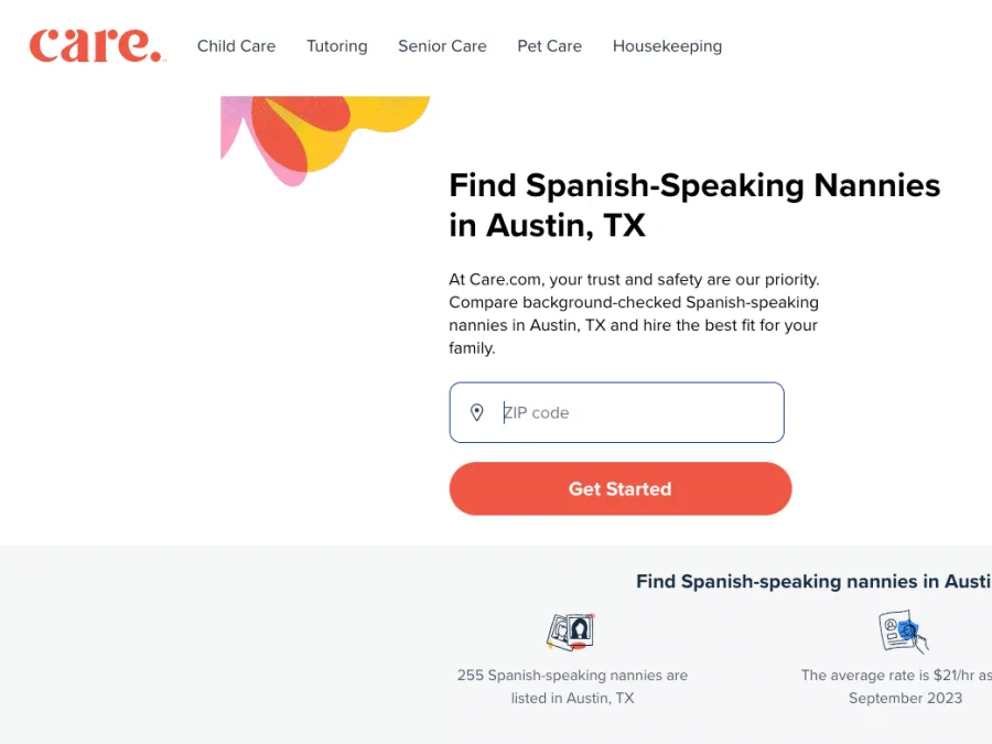 Screenshot de Care, una web para encontrar babysitter en usa