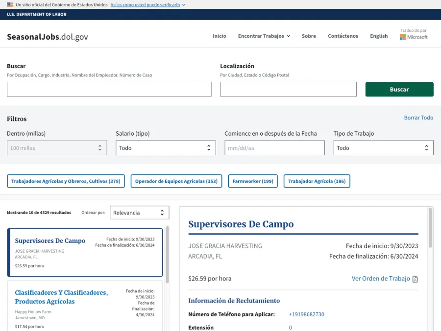 Web del departamento de trabajo de estado unidos