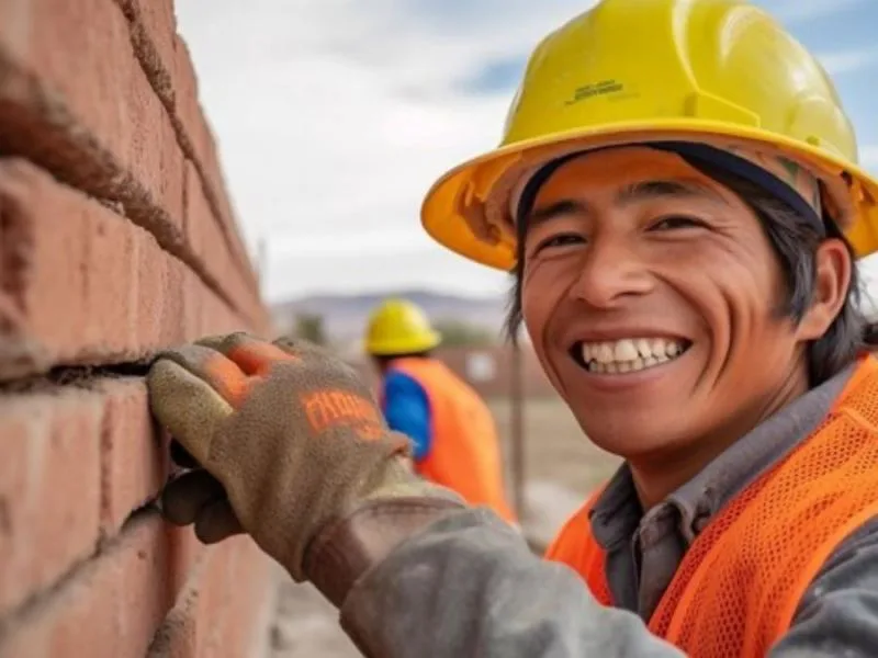 Ayudante de la construcción latino limpia un muro de ladrillo