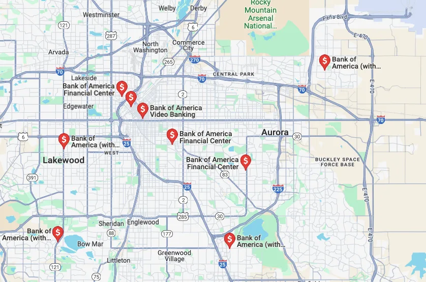 Sucursales de Bank of America en California en Google Maps