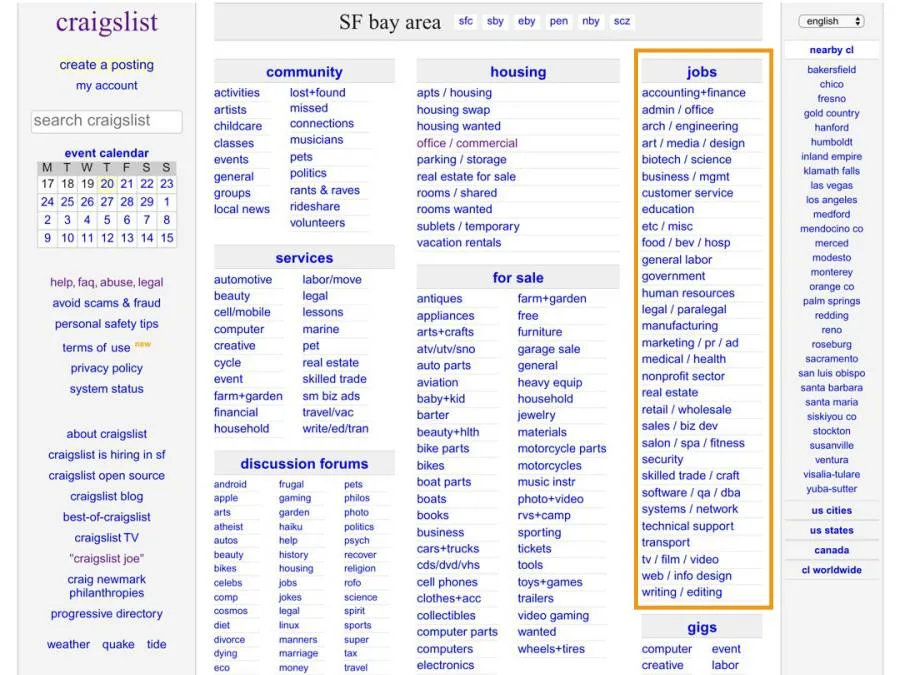 Craiglist como página donde encontrar trabajo informal o formal en USA