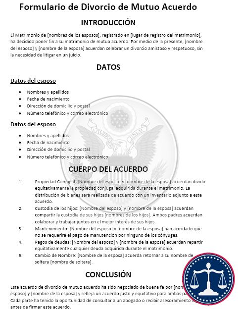 Formulario de divorcio por mutuo acuerdo.