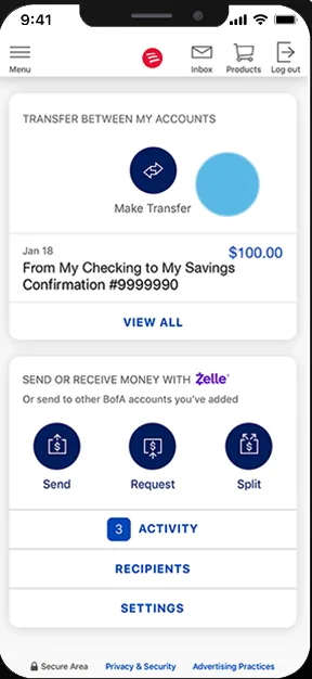 Usando la app de Banco américa para enviar dinero con Zelle